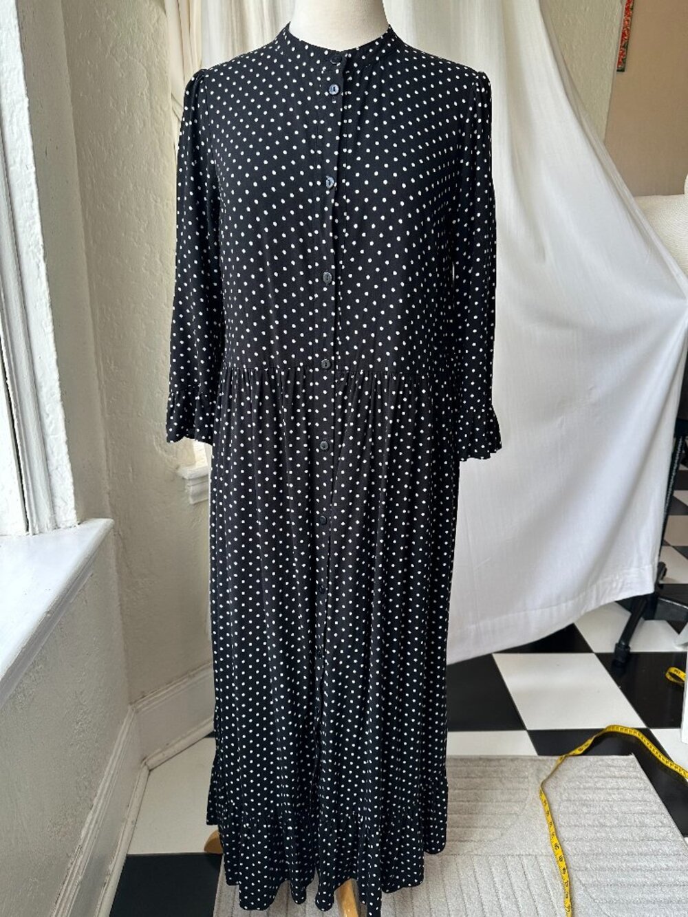 ASOS Black White Polka Dot Button Front Maxi Shirt Dress US 6